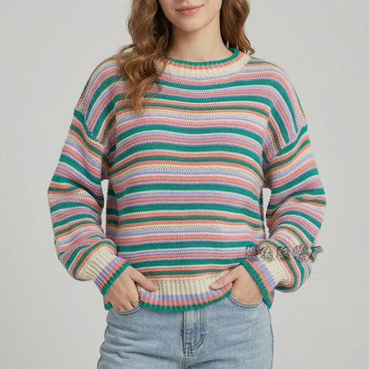 Maglione da donna in maglia a righe con scollo rotondo – Vestibilità ampia, stile casual e confortevole