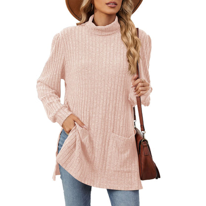Women's turtleneck T-shirt with slits - Loose-fitting and practical