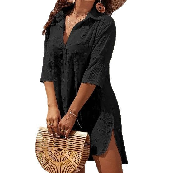Solid Color Women's Beach Dress – Sun Protection Style with Three-Quarter Sleeves