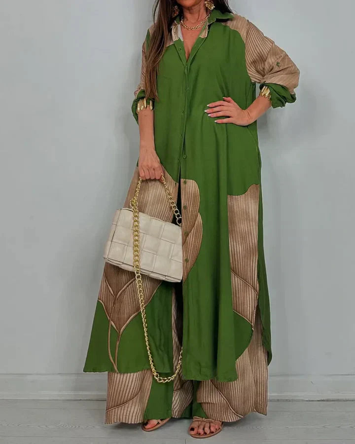 Ensemble deux pièces femme – Chemise boutonnée à col et pantalon large taille haute coordonné