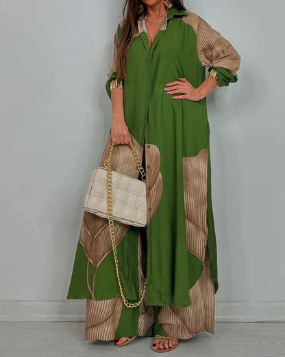 Ensemble deux pièces femme – Chemise boutonnée à col et pantalon large taille haute coordonné