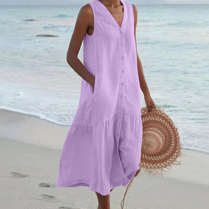 Robe d'été sans manches en lin pour femme – coupe ample et boutonnée sur le devant