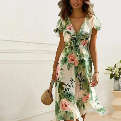 Robe midi fleurie verte femme – Robe élégante et fluide d’été