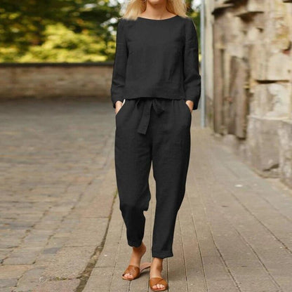 Ensemble Femme Deux Pièces en Coton – Blouse Manches Longues Élégante et Pantalon Taille Haute Relaxé – Respirant, Doux et Confortable au Quotidien