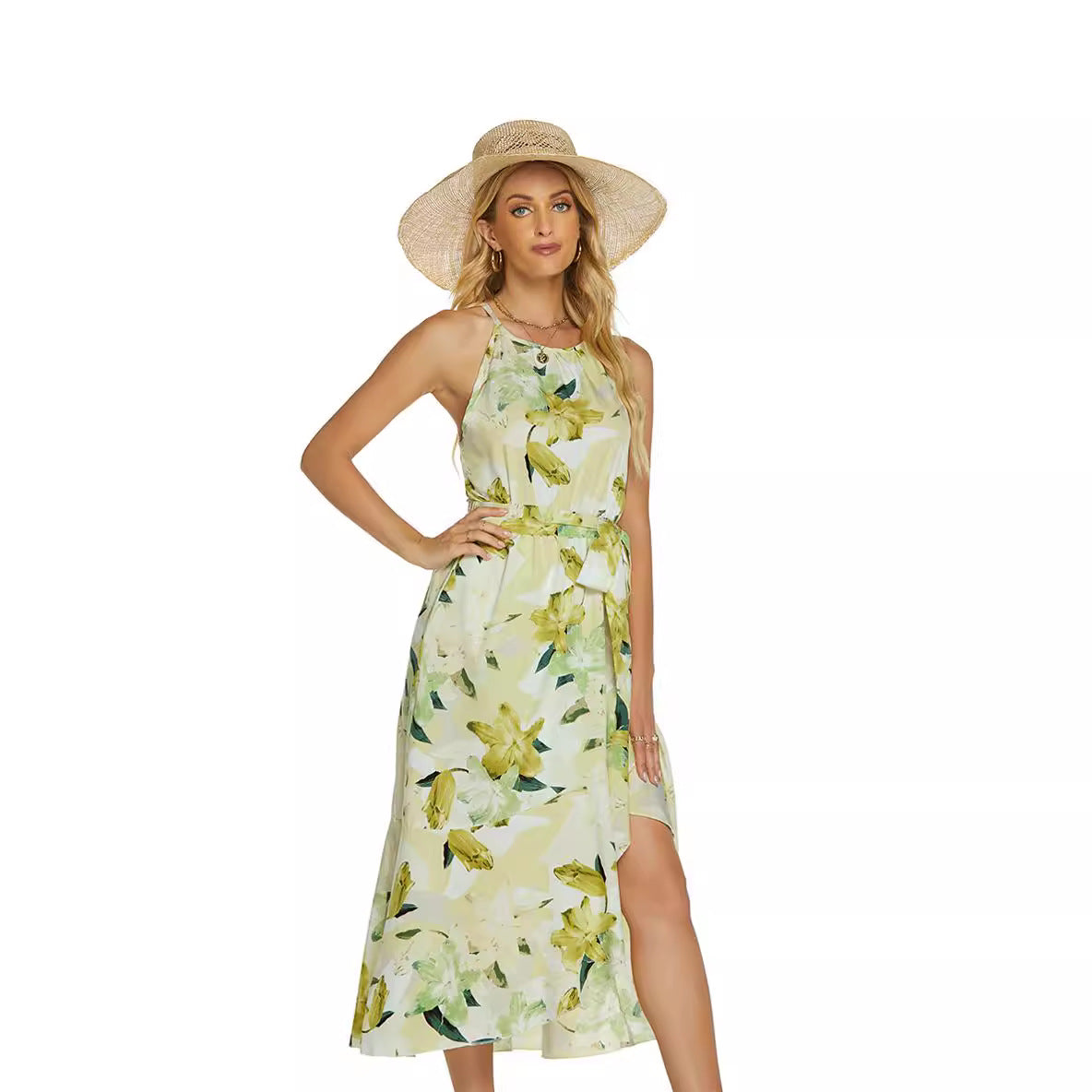 Robe Midi Élégante à Col Halter pour Femme – Imprimé Floral Satinée Sans Manches