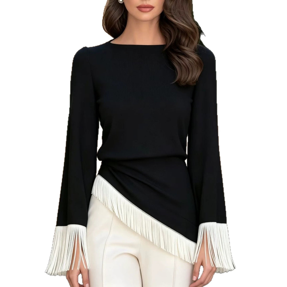 Top femme en maille color block à manches évasées – Moderne et féminin