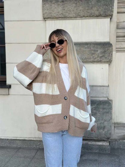 Women's striped cardigan - V-neck and long sleeves