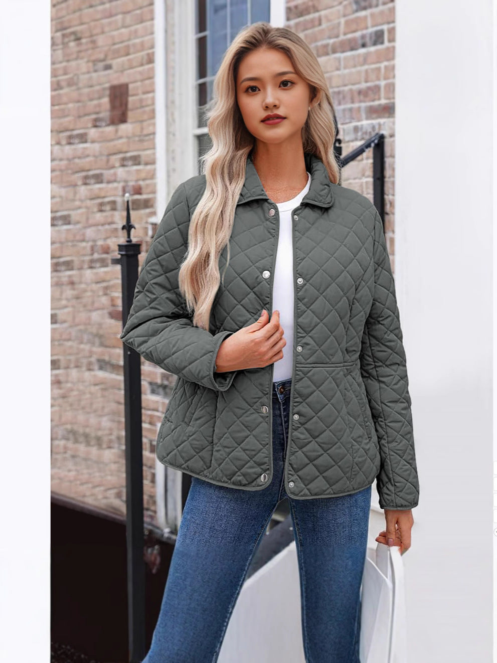 Solid Women's Quilted Jacket – Casual Style with a Warm Notched Collar