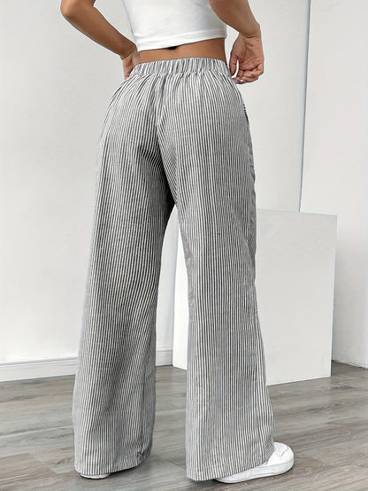 Pantalon Jambe Large à Poches Latérales, Imprimé Rayé Décontracté Taille Cordon, Printemps &amp; Été, Vêtements pour Femmes