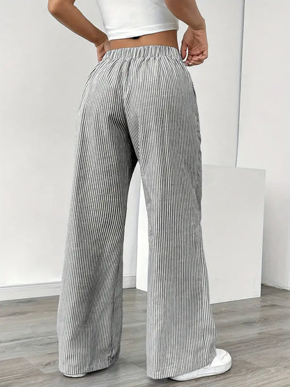 Pantalon large décontracté à rayures pour femme, élégant et décontracté – Pantalon d'été léger et respirant avec poches