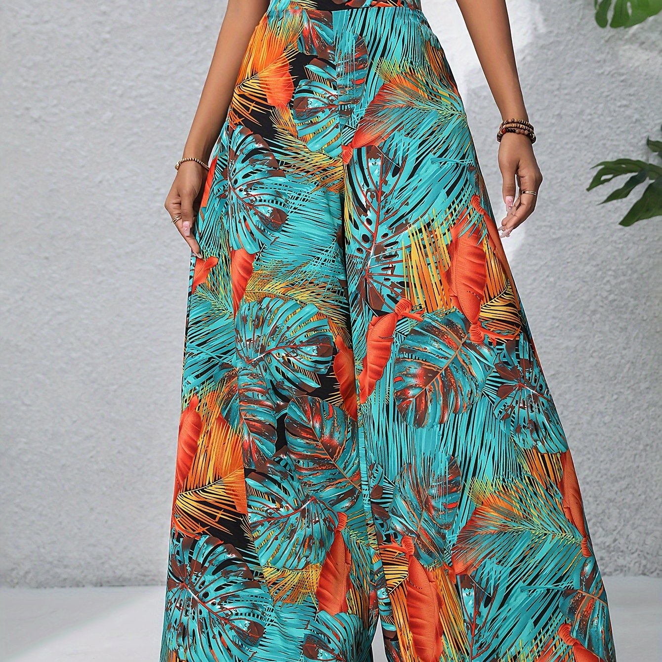 Pantalon large en coton imprimé floral bohème pour femmes - Taille haute, ceinture élastique, pantalon long de plage pour vacances d'été, style décontracté élégant