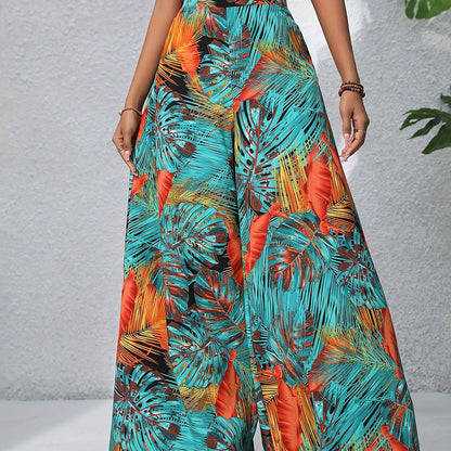 Pantalon large en coton imprimé floral bohème pour femmes - Taille haute, ceinture élastique, pantalon long de plage pour vacances d'été, style décontracté élégant