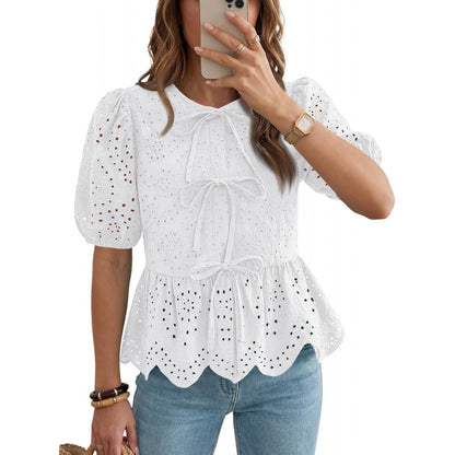 Top donna con volant e maniche a sbuffo con cintura - Elegante e femminile