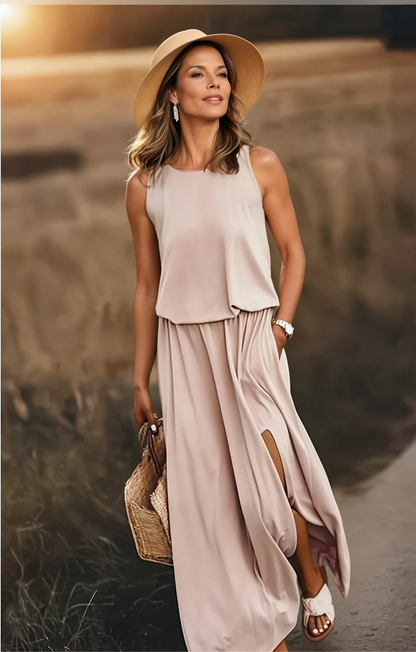 Robe Maxi Élégante Sans Manches Femme – Col Rond Style Estival