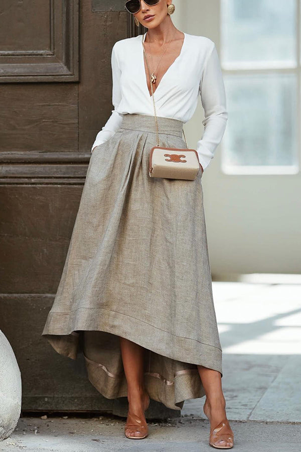 Jupe longue en lin mélangé pour femmes – Design asymétrique avec taille élastique et poches