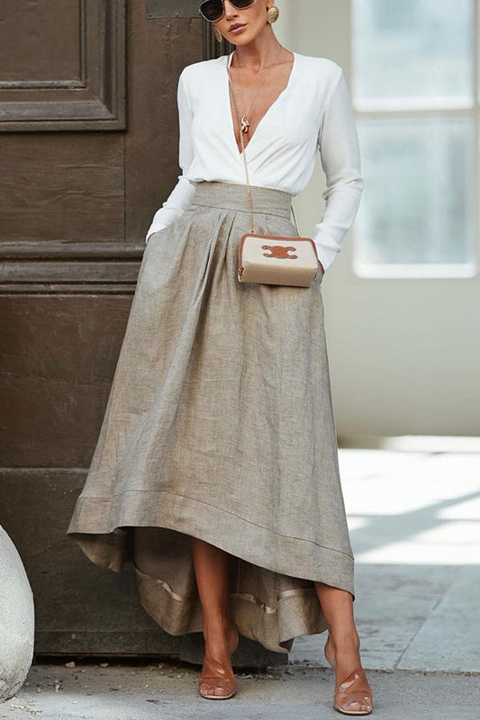 Long mixed linen skirt for women – Asymmetric design with elastic waistband and pockets