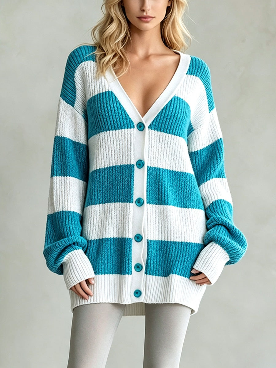 Cardigan-cappotto da donna a righe in maglia - Morbido e confortevole