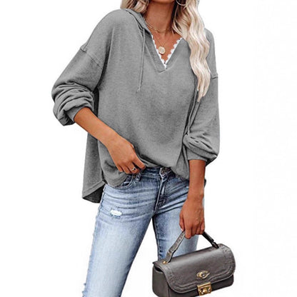 Sudadera de mujer con capucha, cuello en V de encaje y mangas largas