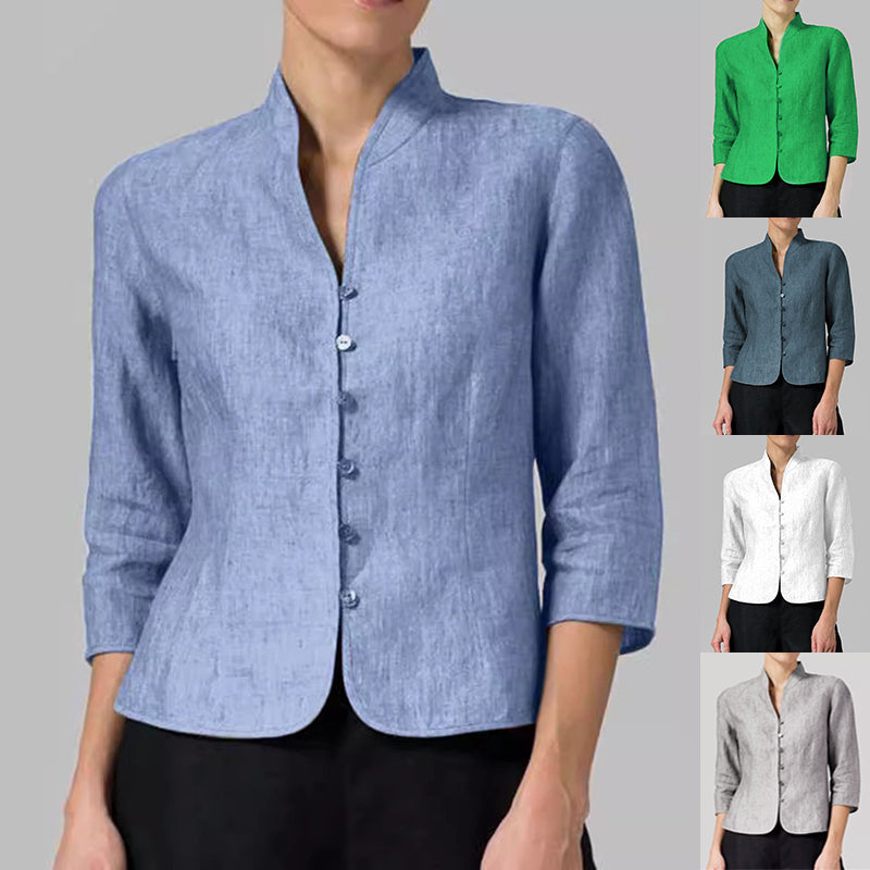 Blouse Ajustée Élégante à Boutons Femme – Col Montant en V avec Manches 3/4