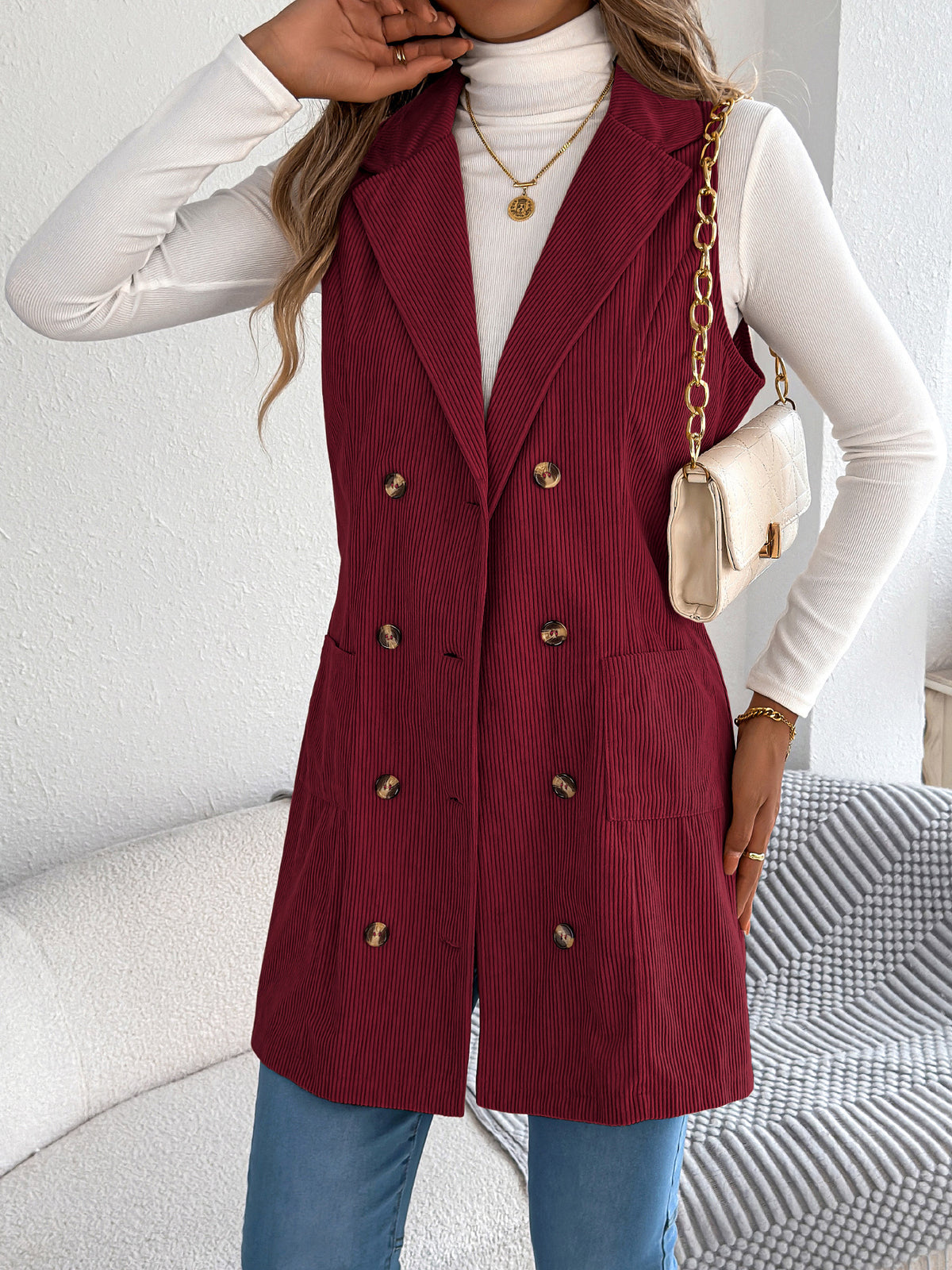 Veste-gilet longue en velours côtelé unie pour femme – Modèle décontracté à double boutonnage et poches, idéal pour jouer les superpositions