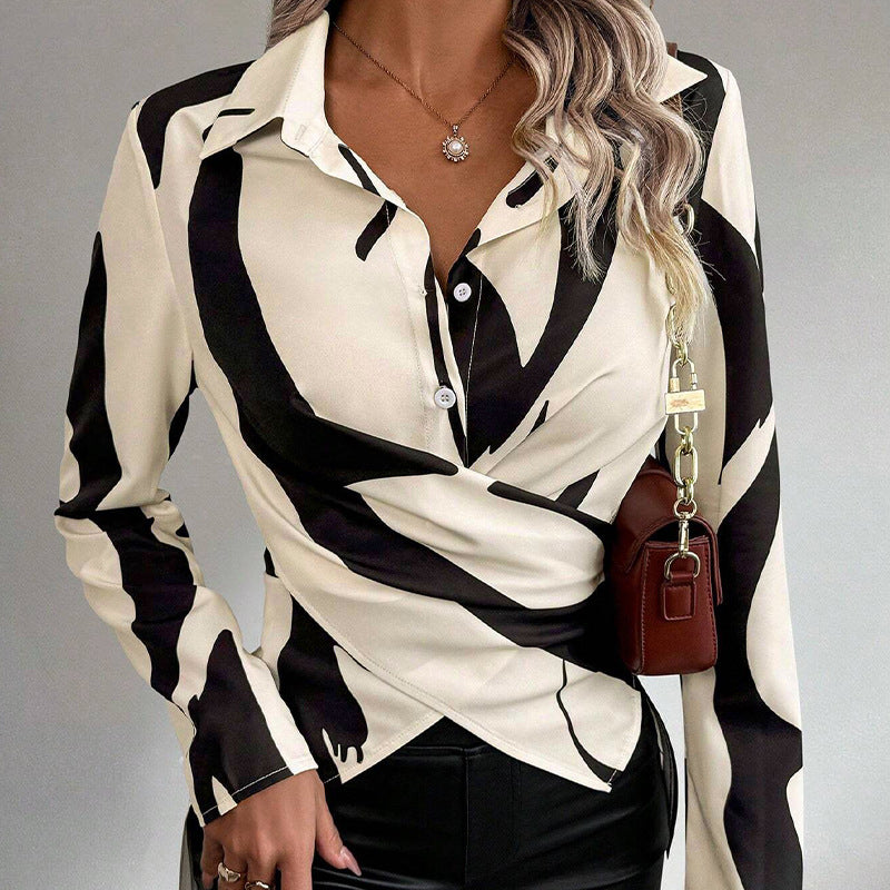 Femme Chemise élégant à col en V contrasté noir et blanc – Blouse à manches longues