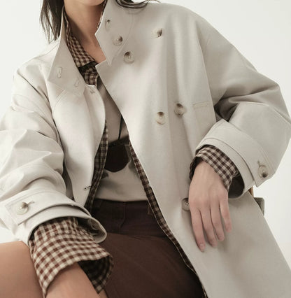 Women's Double-Breasted Stand-Collar Jacket – Elegant Fitted Style for Petite Sizes