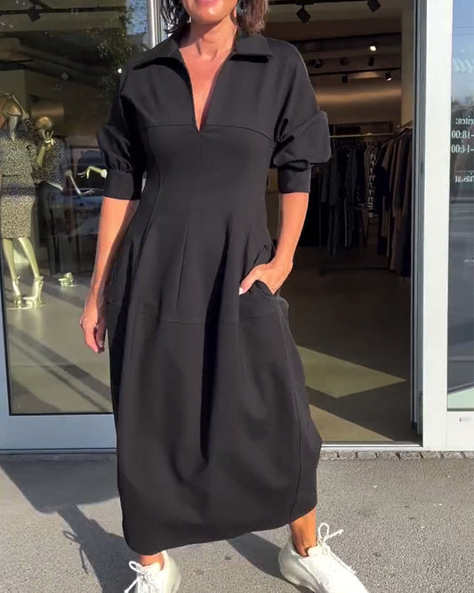 Midi Dress for Women with V-Neck Collar and Neckline – Elegant and Casual Cut with Pockets for Everyday Comfort