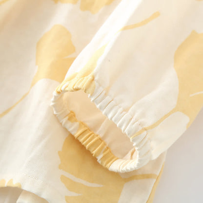 Pyjama Décontracté Élégant Femme à Feuilles de Ginkgo – Ensemble 2 Pièces Léger et Doux en Coton avec Noeud Décoratif et Coupe Ample