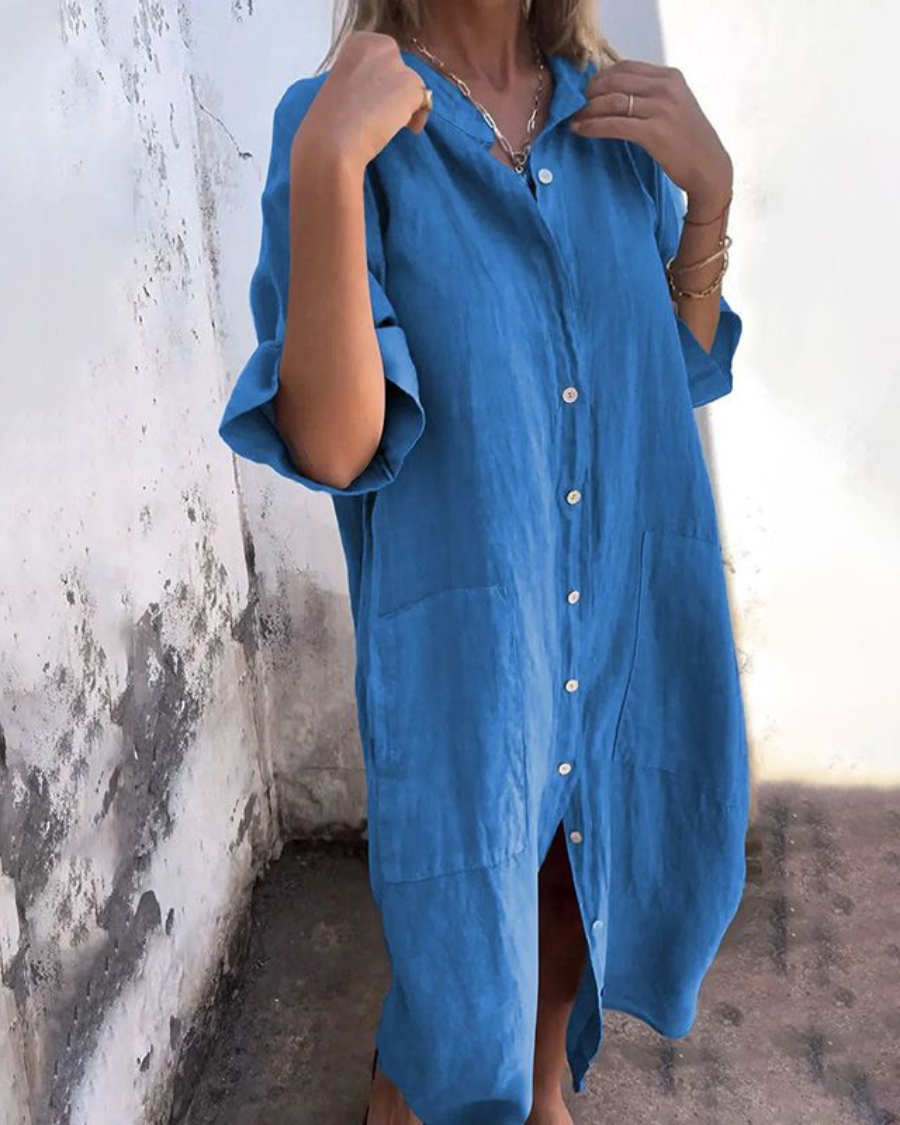 Robe chemise midi chemise décontractée élégante coupe ample femmes – Tenue d’été légère respirante confortable