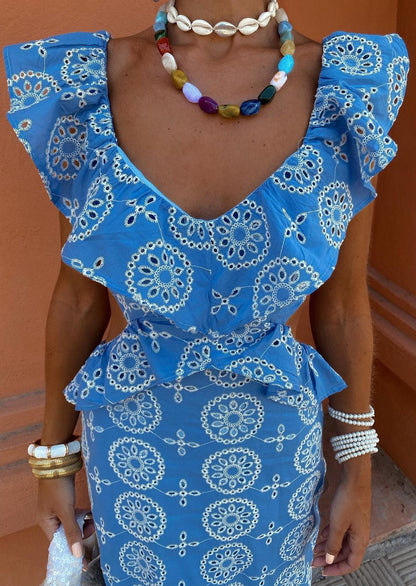 Abito maxi ricamato da donna con schiena scoperta – Elegante ed estivo