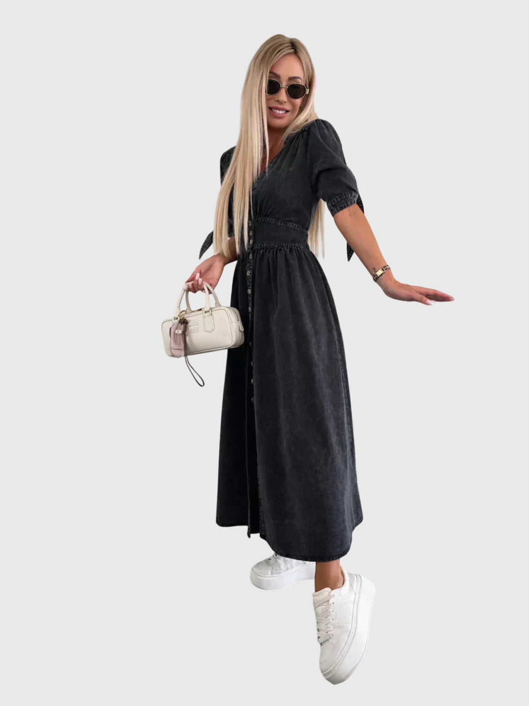 Robe Maxi Denim Élégante Col V – Robe A-Line Boutonnée Stylée