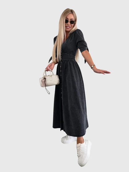 Robe Maxi Denim Élégante Col V – Robe A-Line Boutonnée Stylée