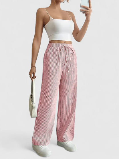 Pantalon Large Confortable Élégant Femme – Style Rayé avec Cordon