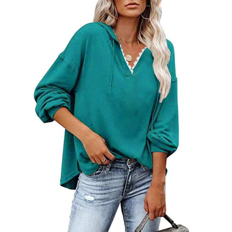 Sudadera de mujer con capucha, cuello en V de encaje y mangas largas