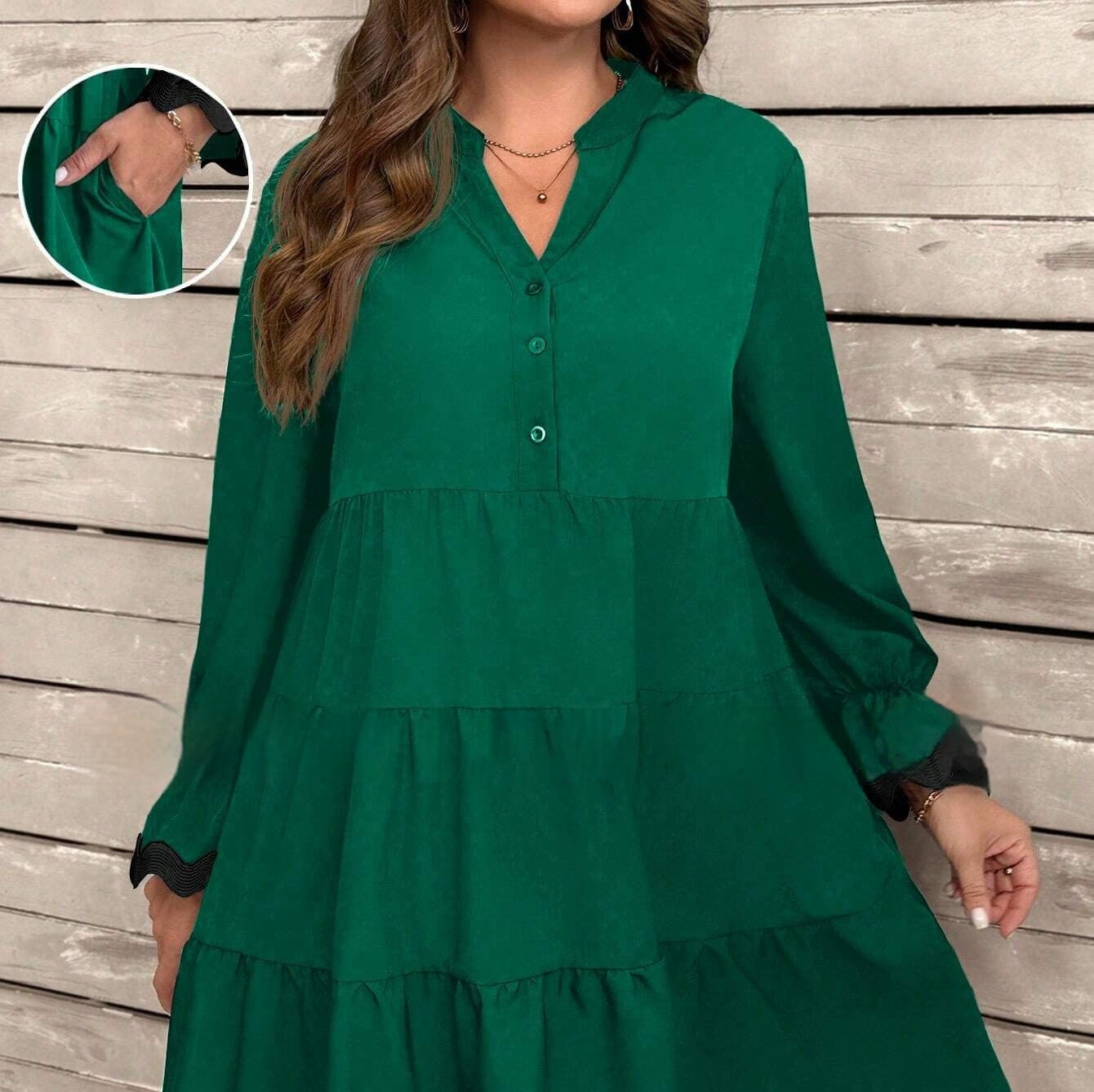 Robe midi femme ample à col V et manches longues
