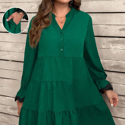 Robe midi femme ample à col V et manches longues