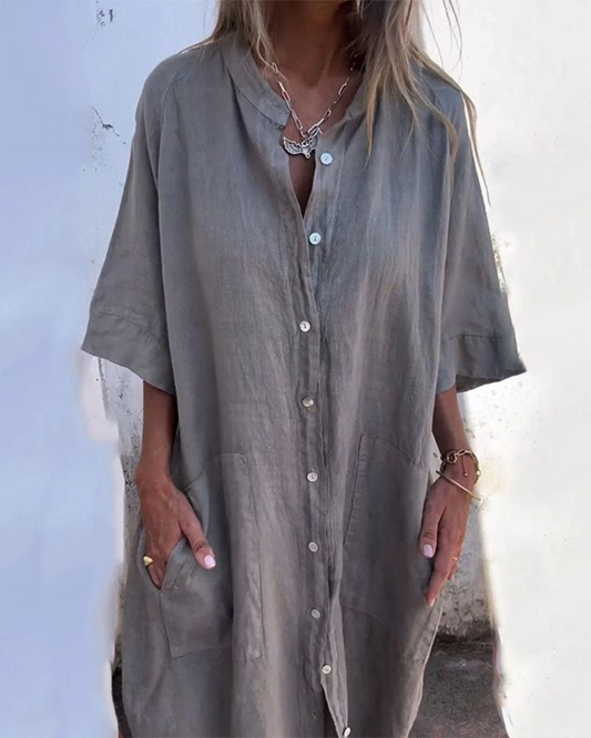 Robe chemise midi chemise décontractée élégante coupe ample femmes – Tenue d’été légère respirante confortable