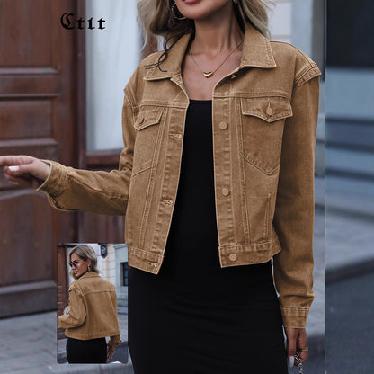 Vintage washed denim jacket for women – Short casual style with long sleeves