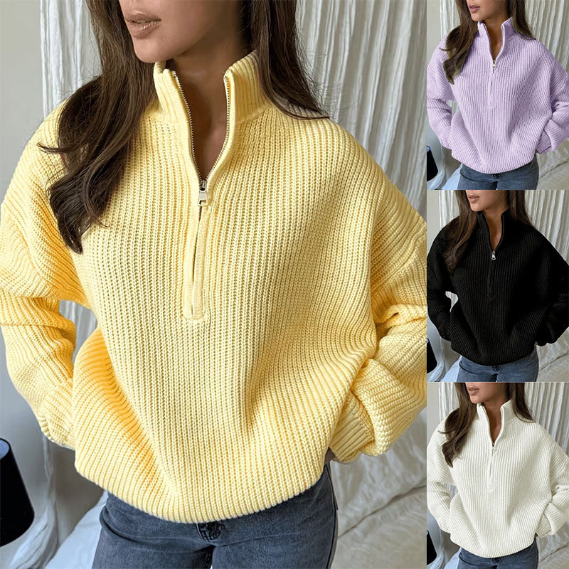 Women's Oversized Zip-Up Knit Sweater – Versatile and Comfortable Casual Style
