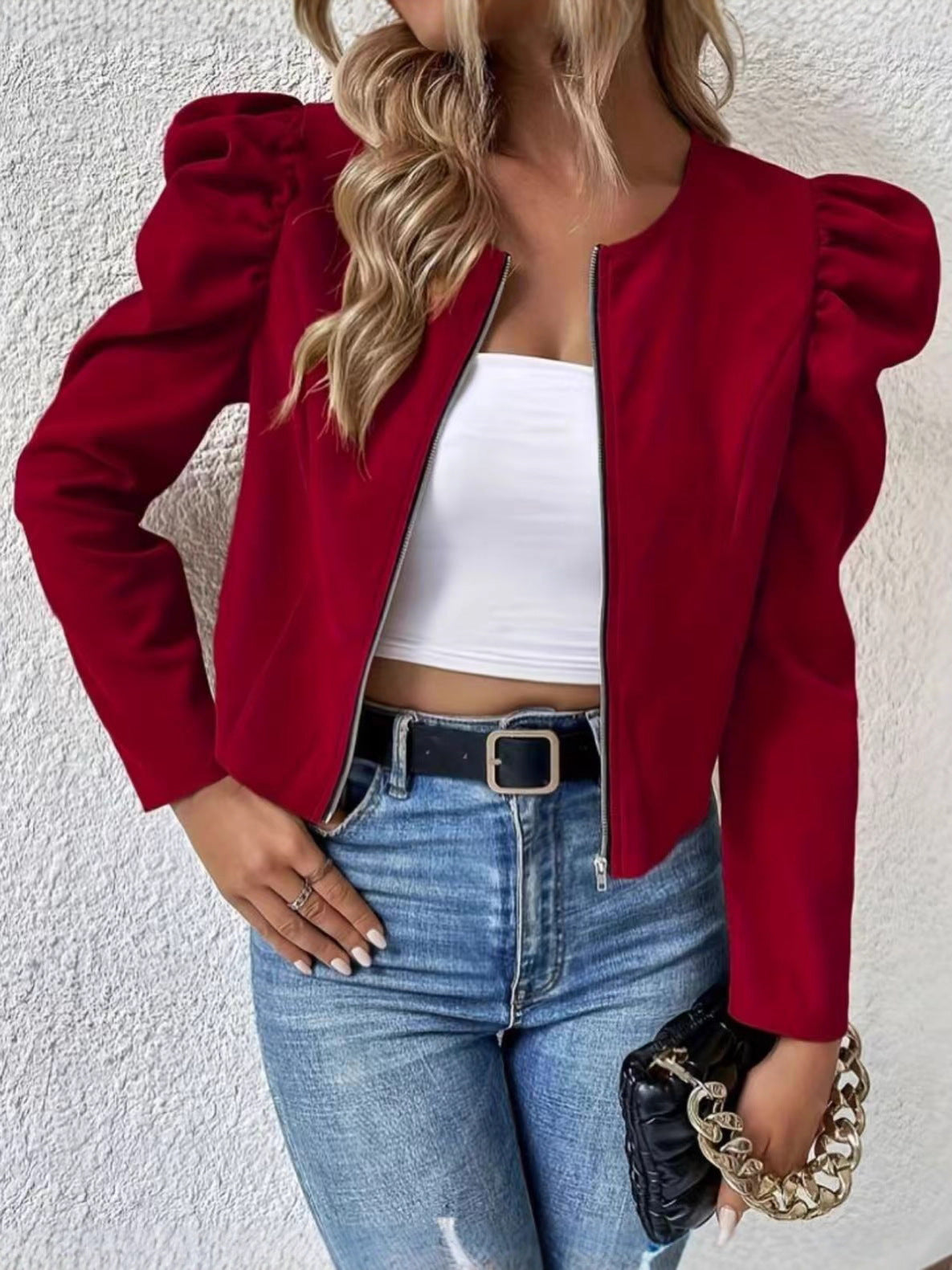 Cardigan da donna - Scollo rotondo, chiusura con cerniera e maniche a sbuffo