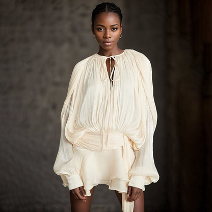 Robe Mini Rouge Élégante à Volants – Plissée avec Manches Fluides