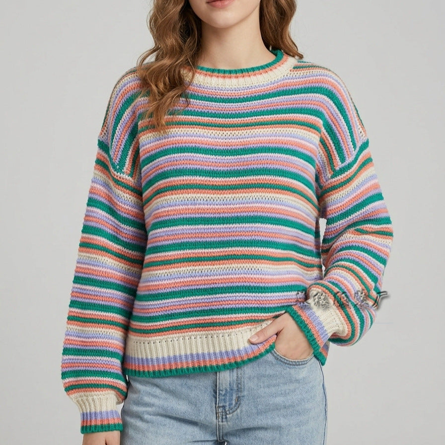 Maglione da donna in maglia a righe con scollo rotondo – Vestibilità ampia, stile casual e confortevole