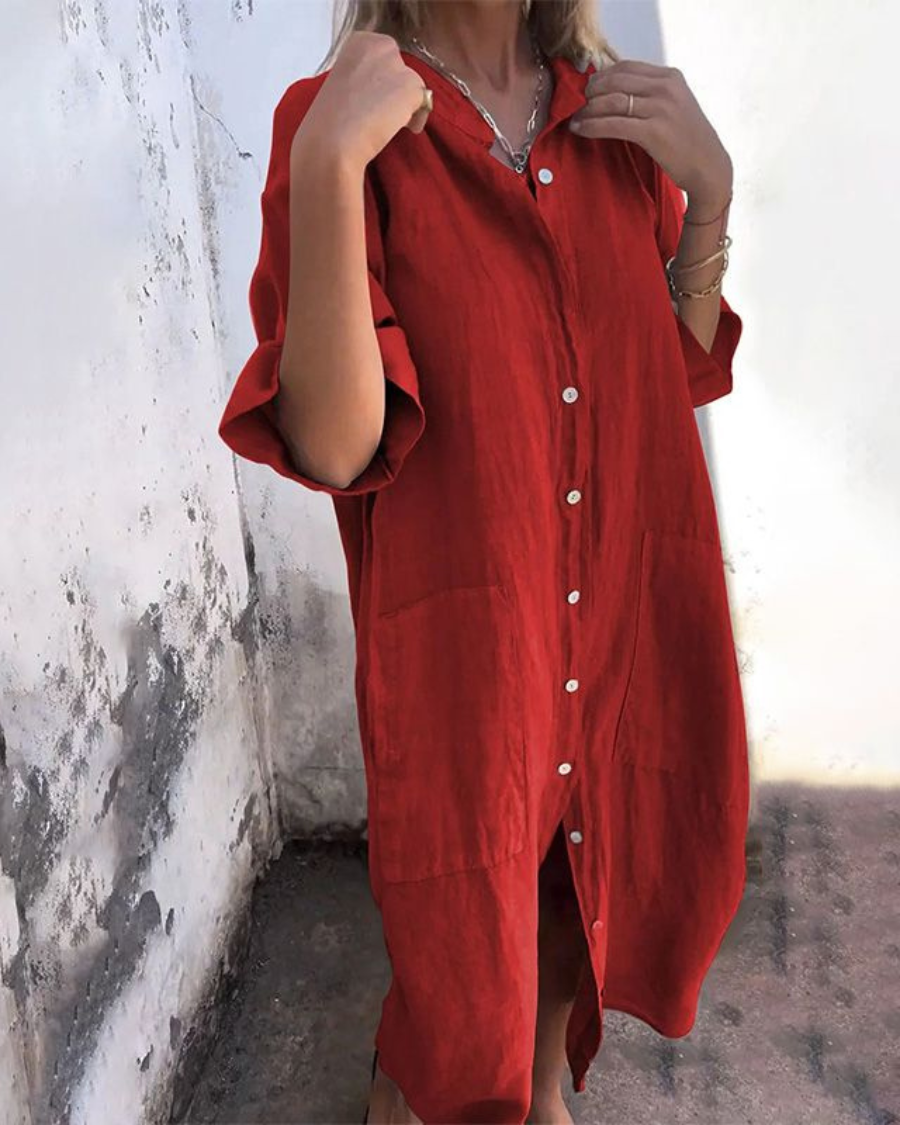 Robe chemise midi chemise décontractée élégante coupe ample femmes – Tenue d’été légère respirante confortable