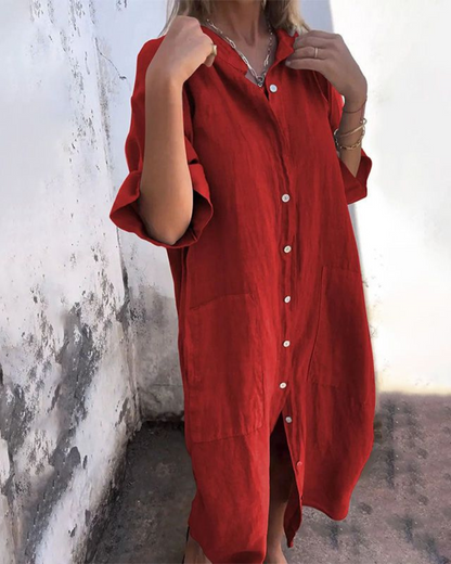 Robe chemise midi chemise décontractée élégante coupe ample femmes – Tenue d’été légère respirante confortable