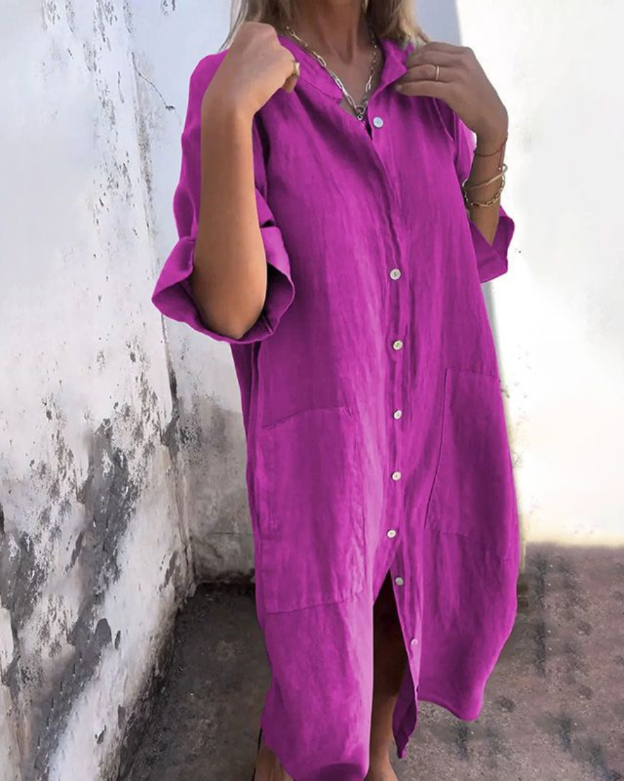 Robe chemise midi chemise décontractée élégante coupe ample femmes – Tenue d’été légère respirante confortable
