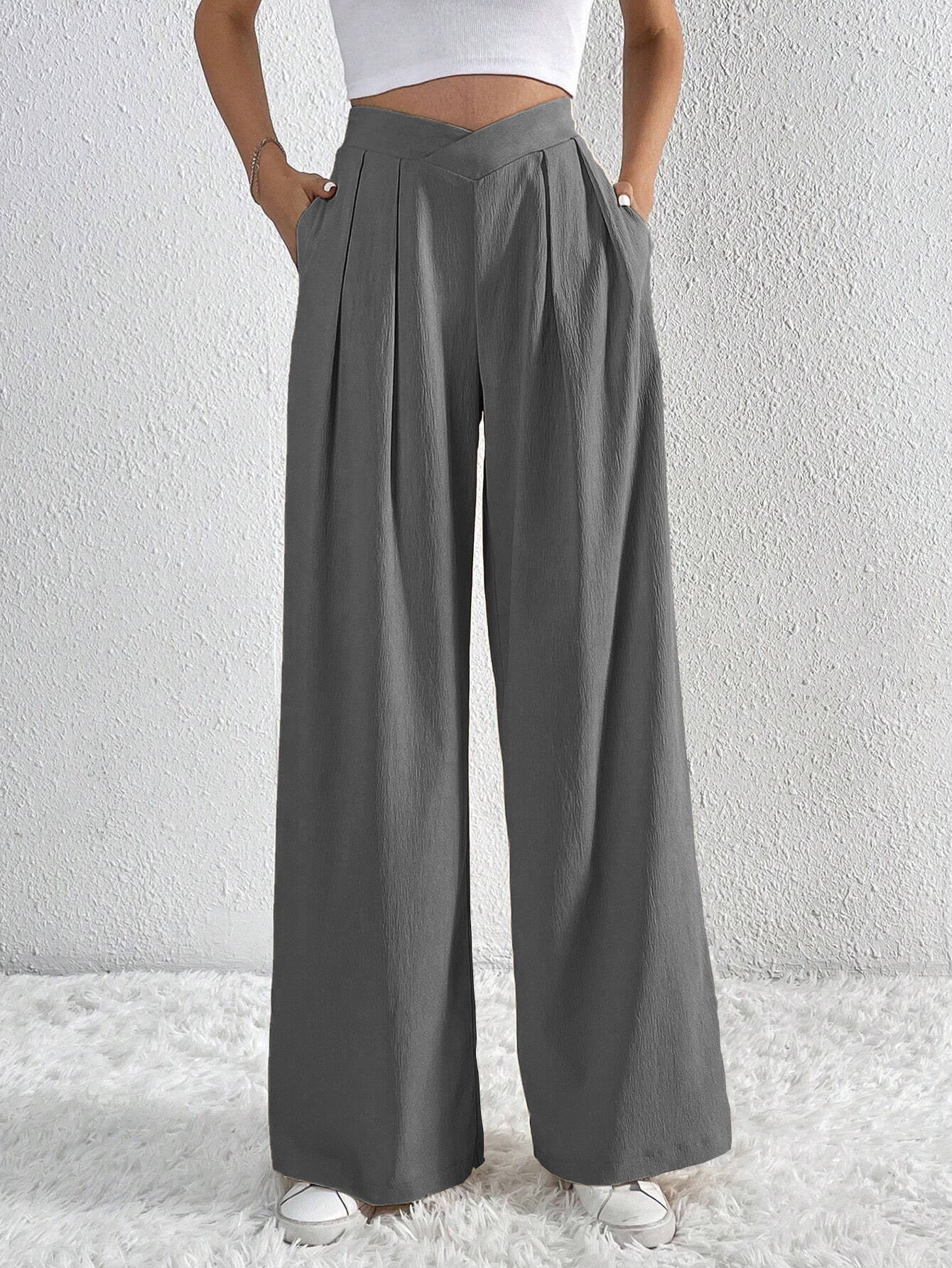Pantalon Large Plissé Taille Haute Femme – Style Décontracté d’Été
