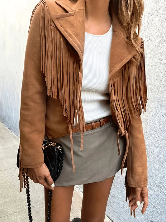 Veste en Suède pour Femme avec Col à Revers et Franges – Élégance Bohème