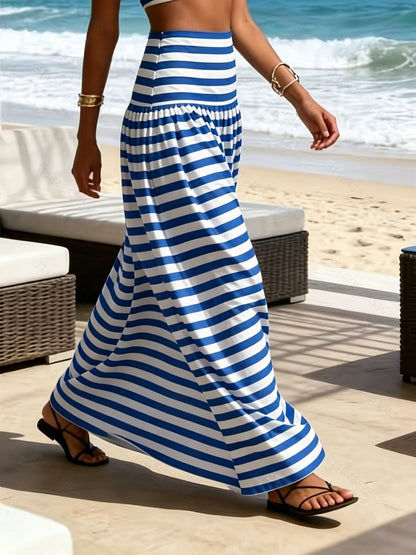 Gonna midi svasata donna vita alta a righe stile spiaggia - Fluida ed estiva