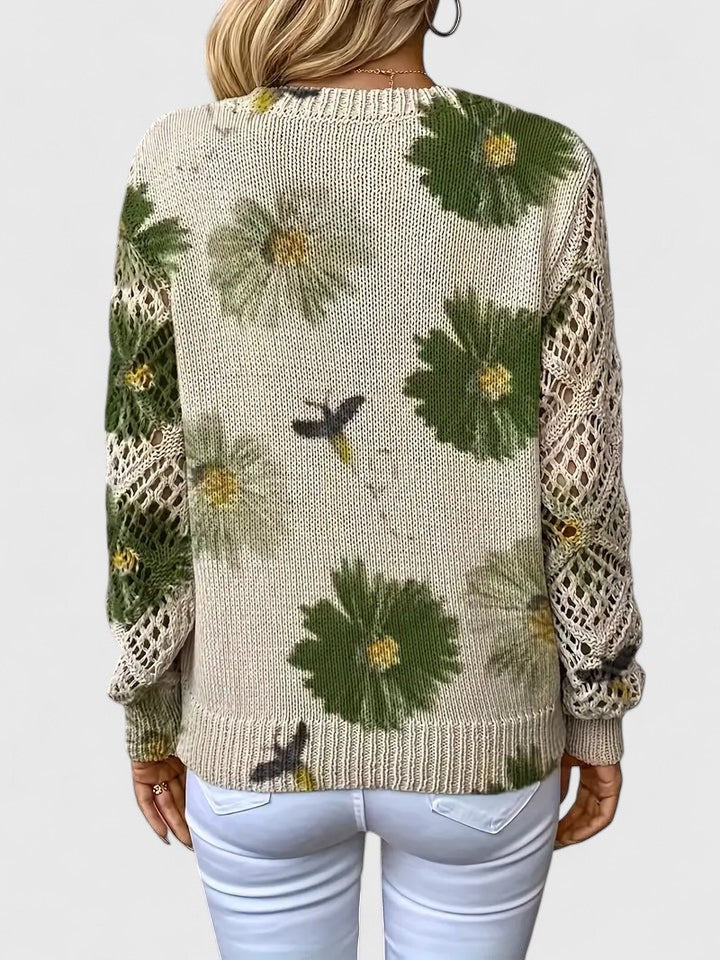 Pull Femme à Col V Tricoté à Fleurs – Pull Moderne Élégant