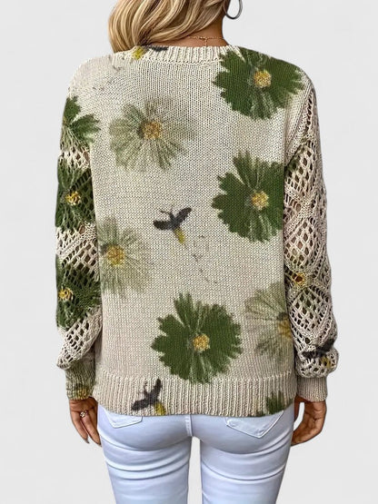 Pull Femme à Col V Tricoté à Fleurs – Pull Moderne Élégant
